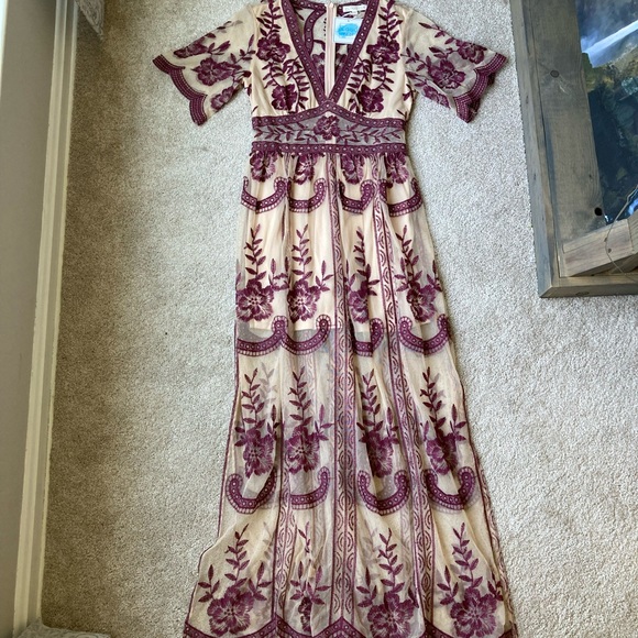 chinese dress ladies Altar'd State Short Sleeve Embroidered Sheer Boho Lace Catania Maxi Dress  Blue S main image 1